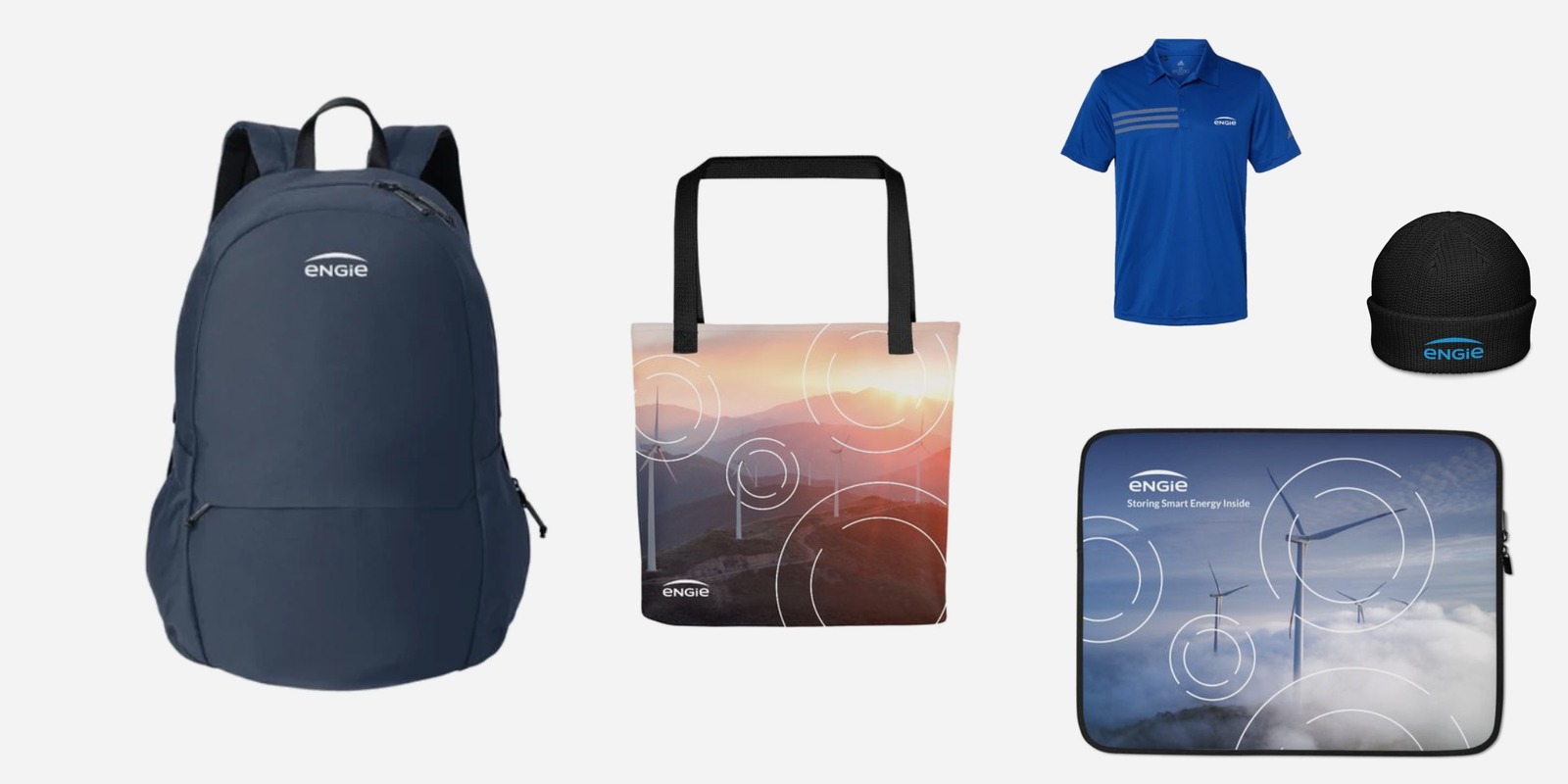 ENGIE-branded backpack, tote bag, polo shirt, beanie and laptop sleeve