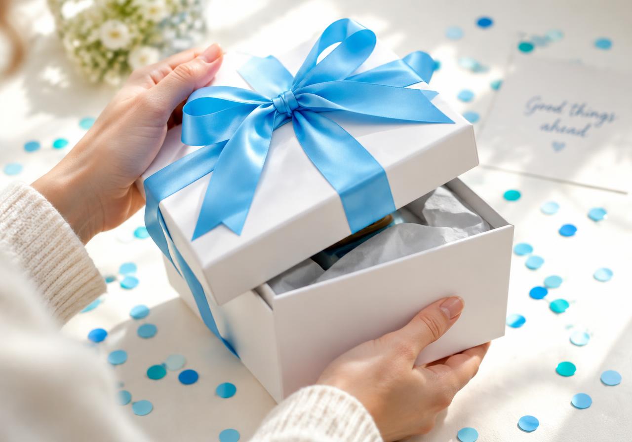 Hands opening a white gift box tied with a blue ribbon
